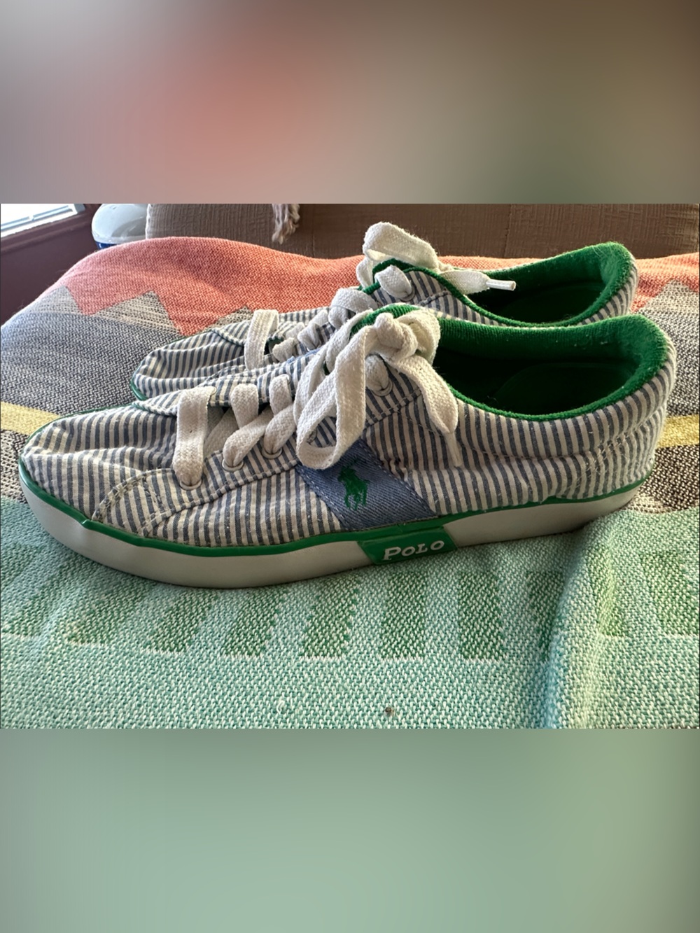 Polo by Ralph Lauren Gillian Seersucker Blue and Green Striped Sneakers Sz 10